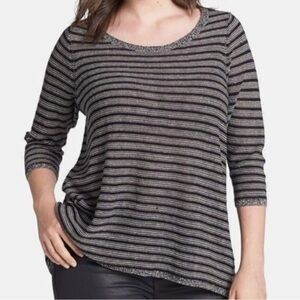 Eileen Fisher 100% Organic Linen Jersey Charcoal Striped Knit Top Trapeze Size S